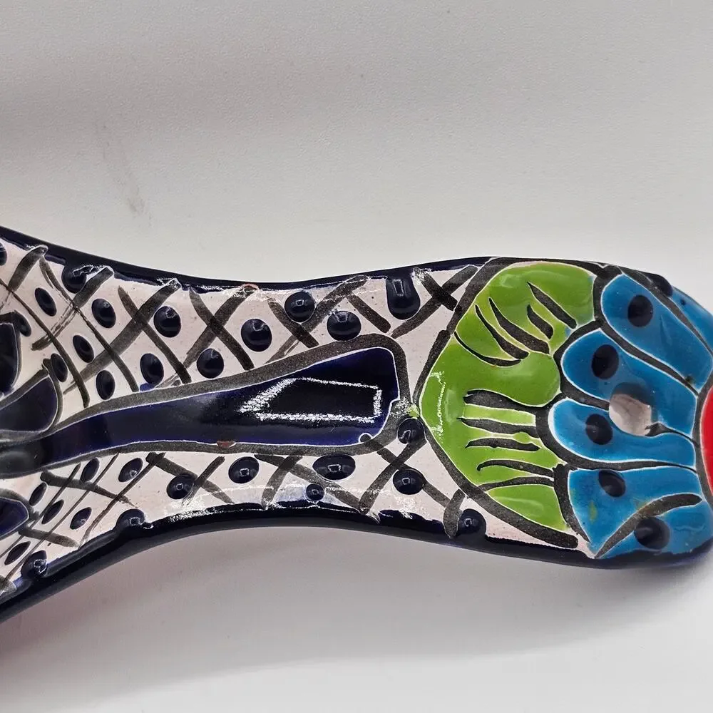 Vintage Mexico Hand Crafted Spoon Rest - Ceramic Hand Painted Geometric Design
